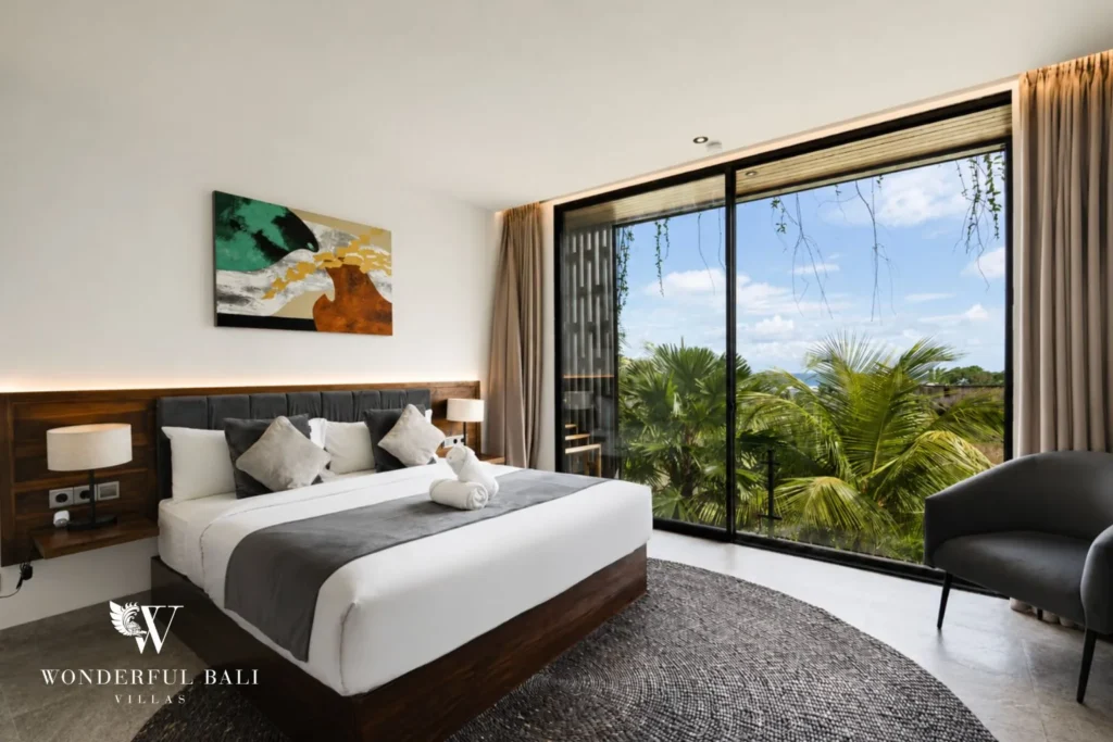 5BR villa for long-term rent Cemagi — bedroom with garden view