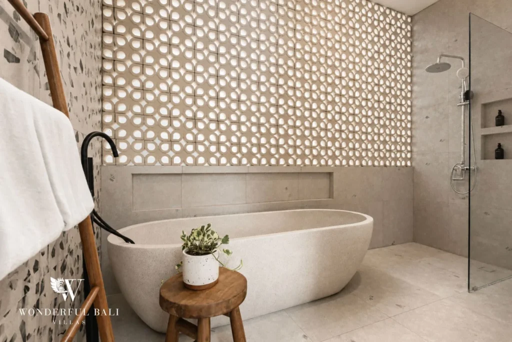 monthly villa rental pererenan — ensuite bathroom with freestanding bathtub