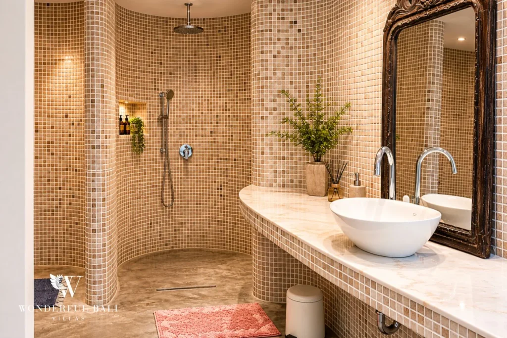 Mosaic-tile bathroom with shower and toilet view at villa in Umalas, Bali