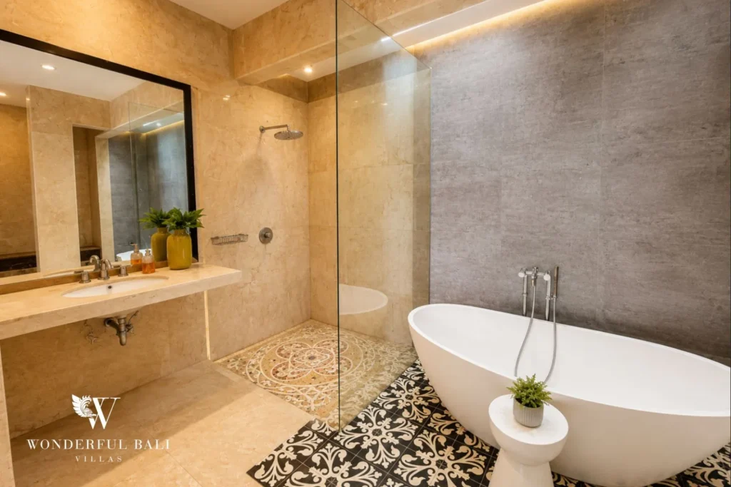 Bathroom with freestanding bathtub, double vanity and pebble floor at villa in Berawa, Bali