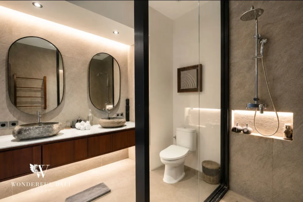 5BR villa for long-term rent Cemagi — bathroom with double vanity and shower