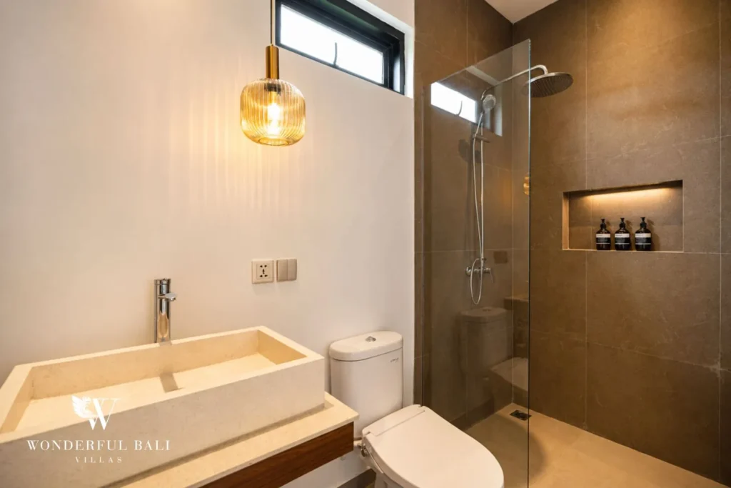 3BR villa for monthly rent Canggu — bathroom with rainfall shower