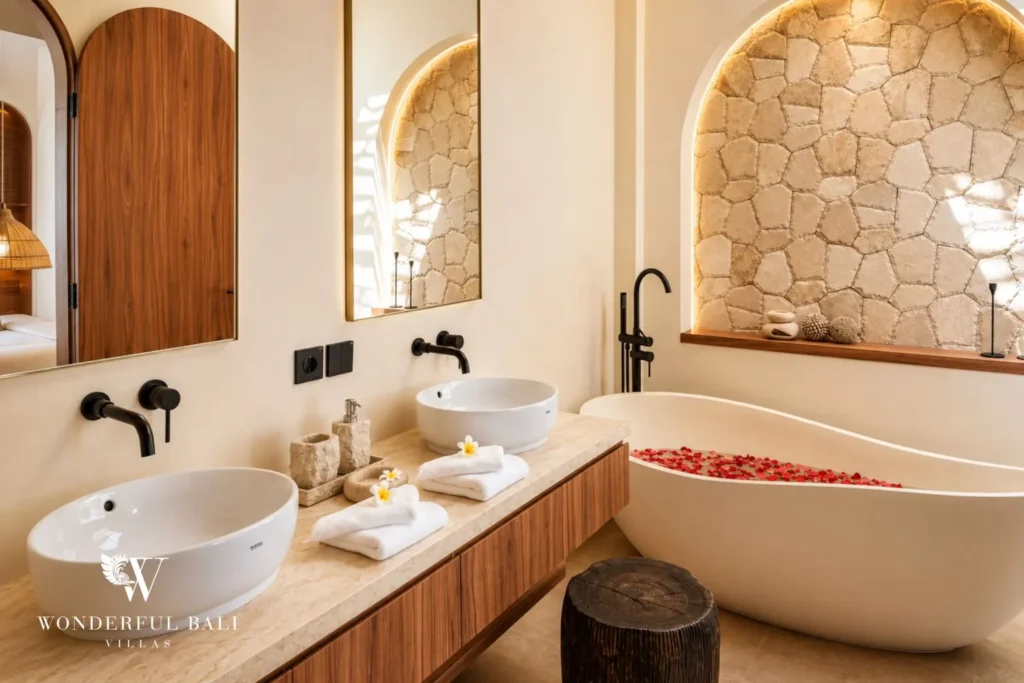 Bedroom with arched window and garden view at villa in Umalas, Bali