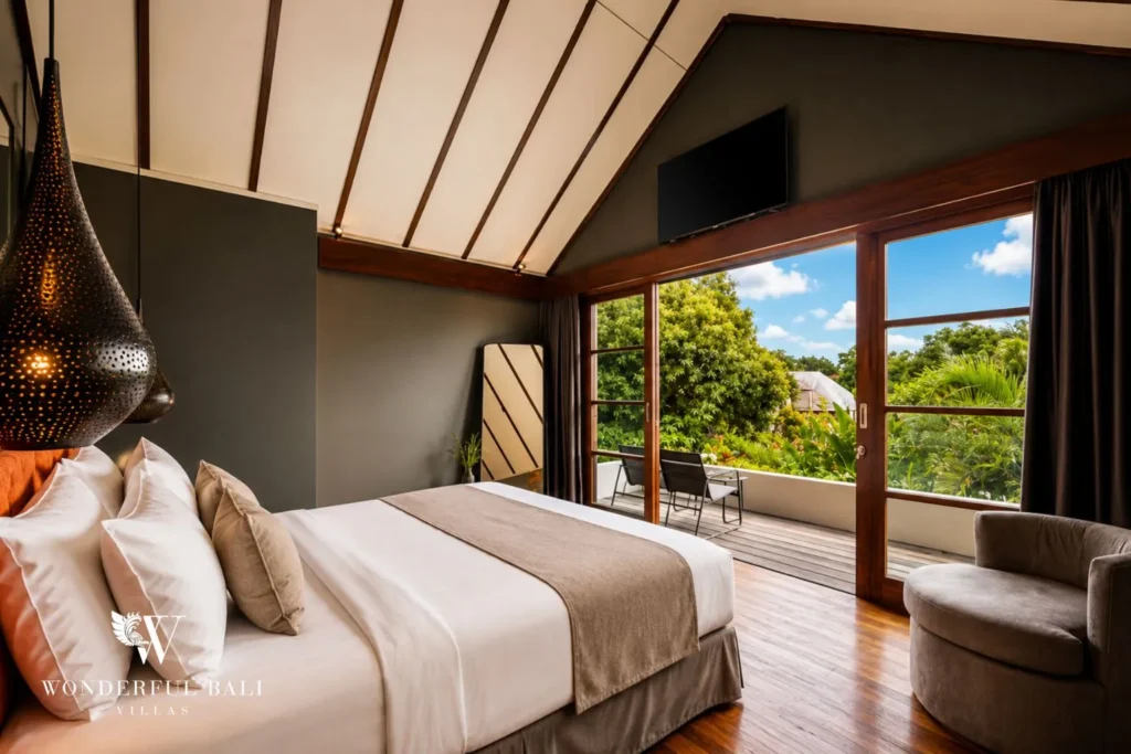 Bedroom with glass doors to garden under a pitched timber ceiling at villa in Umalas, Bali
