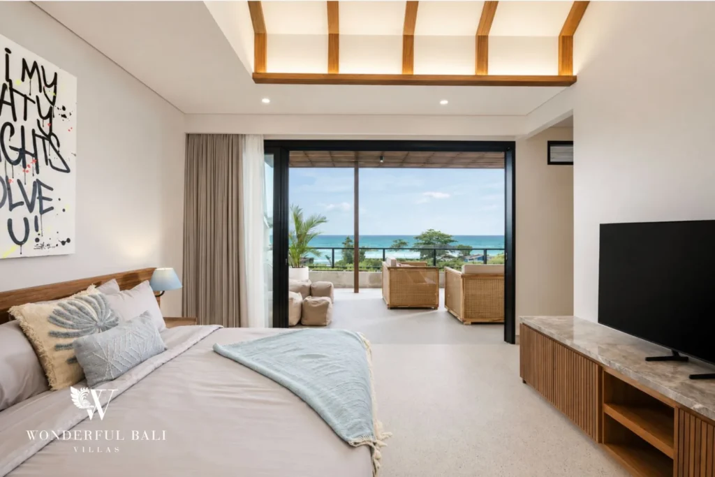 monthly villa rental cemagi — bedroom ocean view terrace