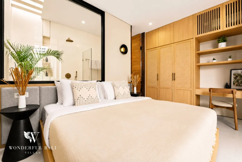 3BR villa for monthly rent Jimbaran — bedroom with potted palm