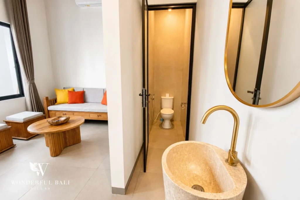 Living nook beside powder room at villa in Canggu, Bali