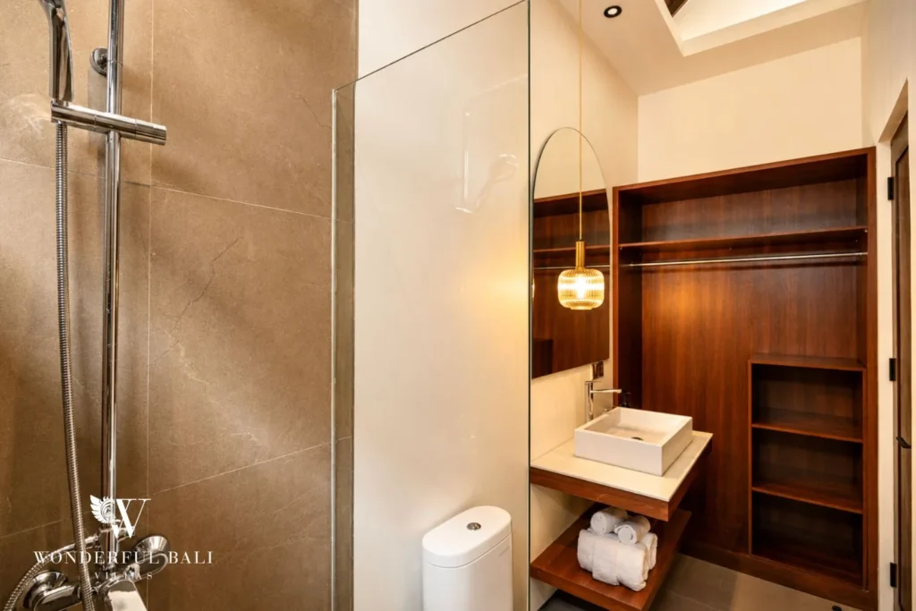 3BR villa for monthly rent Canggu — bathroom with timber shower