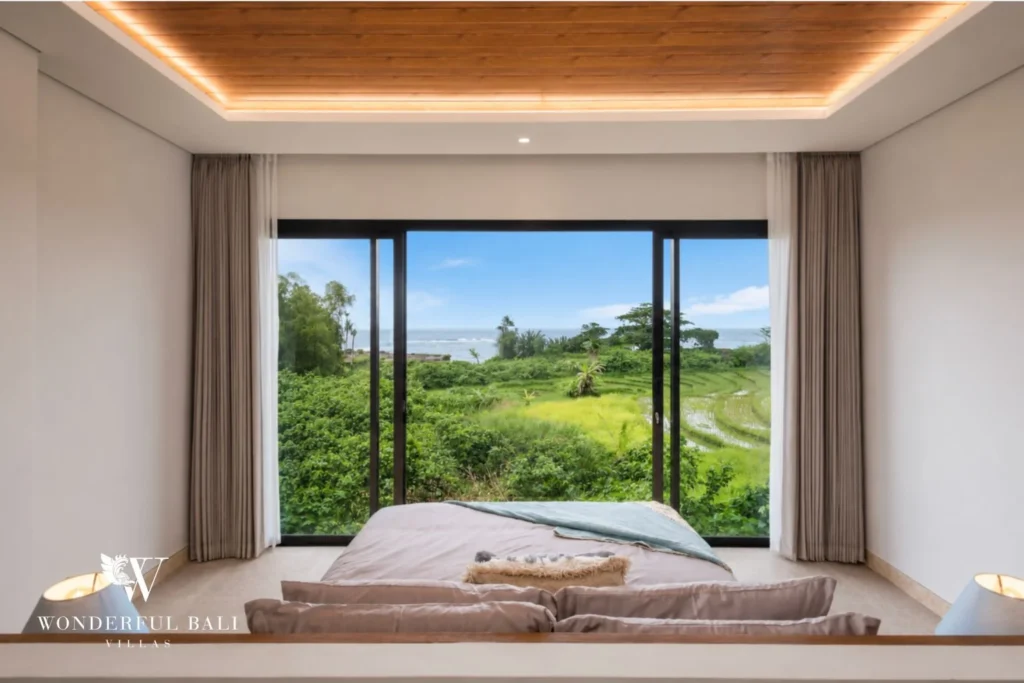 monthly villa rental cemagi — bedroom rice paddy view