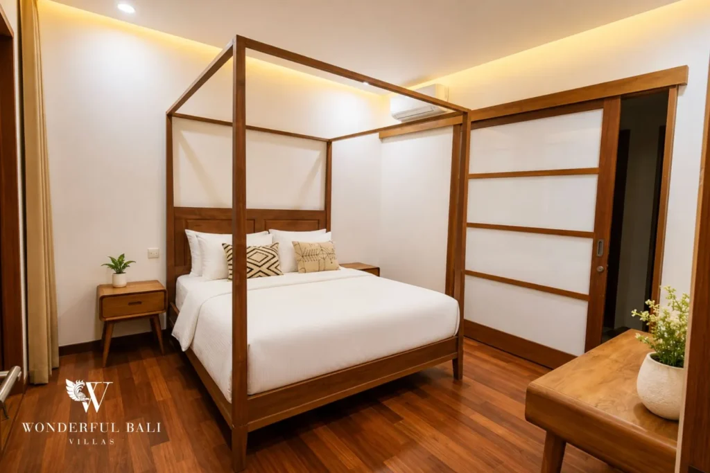 Bedroom with timber four-poster bed and bedside tables at villa in Berawa, Bali