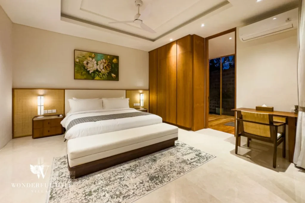 Bathroom with freestanding tub open to the garden at villa in Umalas, Bali