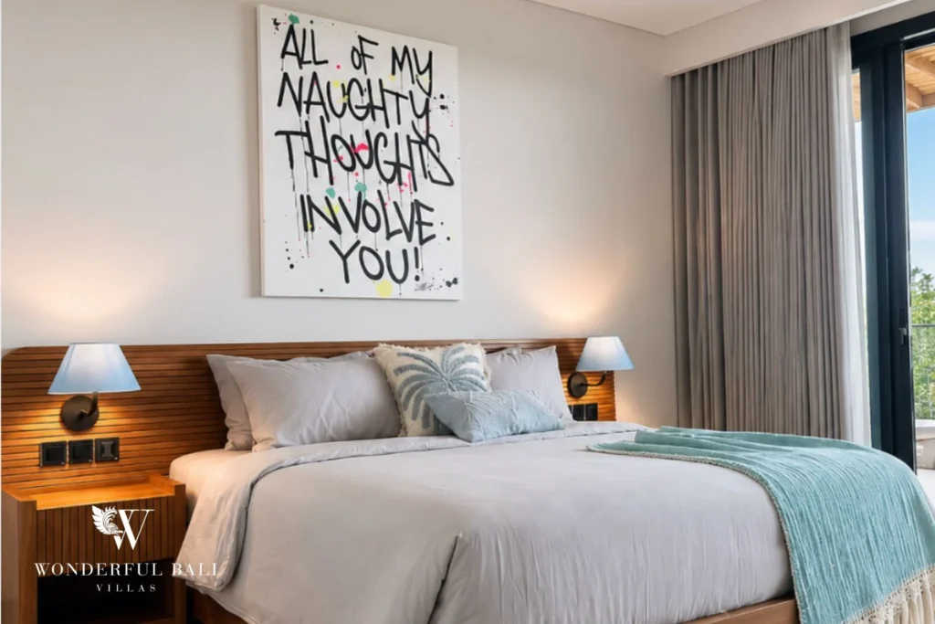 monthly villa rental cemagi — bedroom twin beds artwork