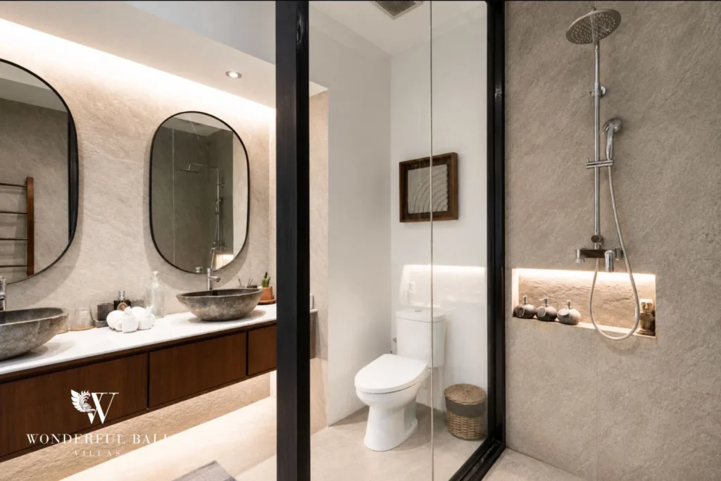 5BR villa for long-term rent Cemagi — ensuite bathroom with twin mirrors