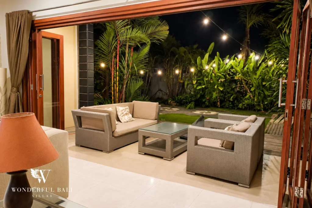 monthly villa rental sanur — outdoor lounge terrace evening