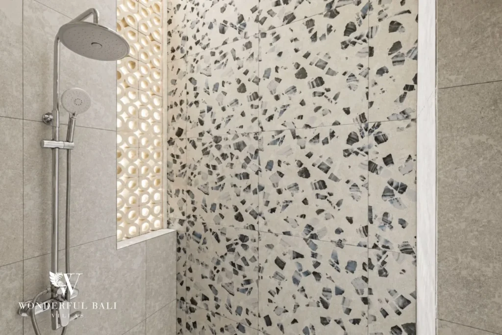 monthly villa rental pererenan — walk in rain shower with terrazzo