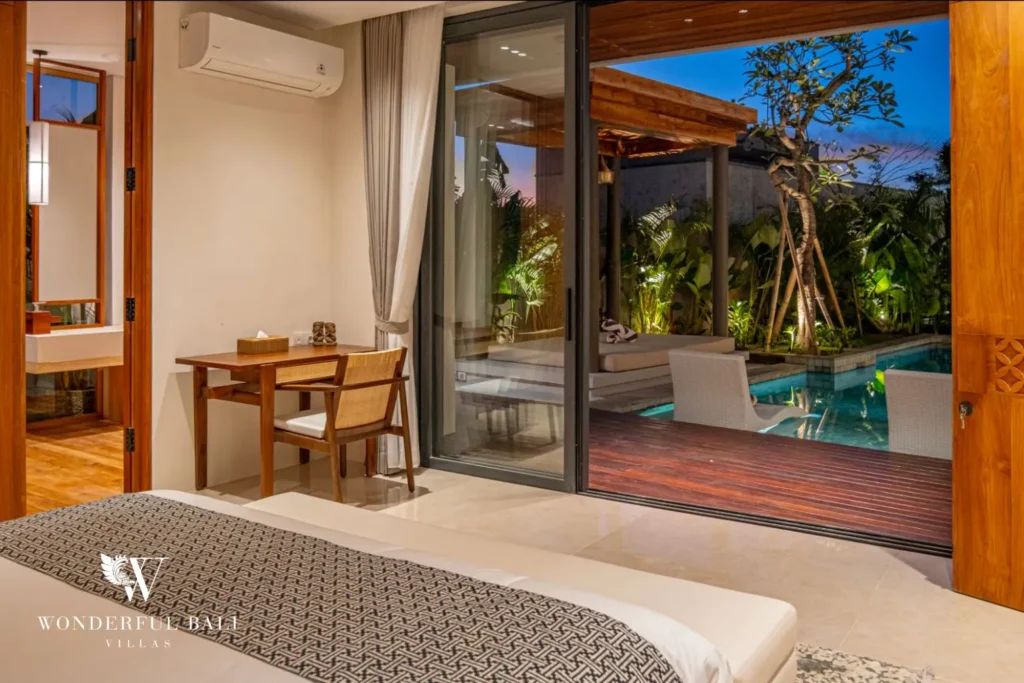 Bathroom and dressing area with timber vanity at villa in Umalas, Bali