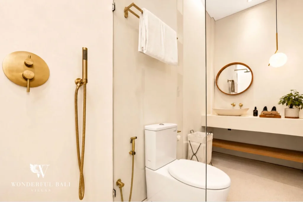 3BR villa for monthly rent Jimbaran — bathroom vanity with gold fixtures
