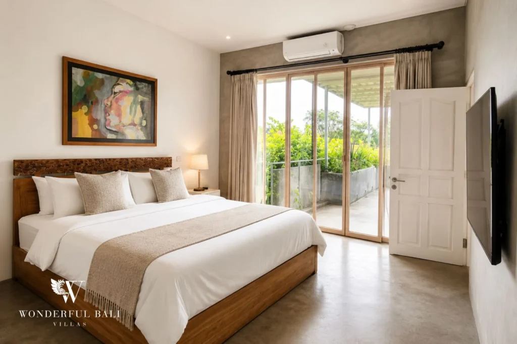 Bedroom with king bed and distressed white armoire at villa in Umalas, Bali