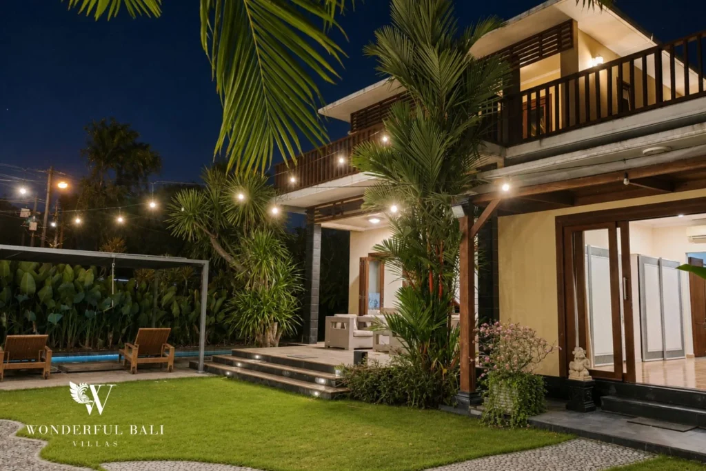 monthly villa rental sanur — villa exterior evening pool