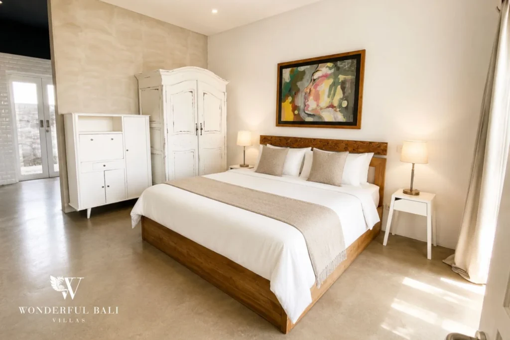 Bedroom with face artwork and distressed armoire at villa in Umalas, Bali