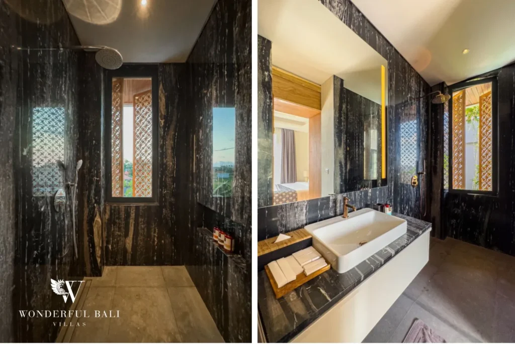 Bedroom with rose-petal bed decor and timber detailing at villa in Umalas, Bali