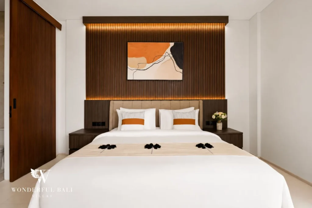 monthly villa rental pererenan — ensuite bedroom with terrazzo accent