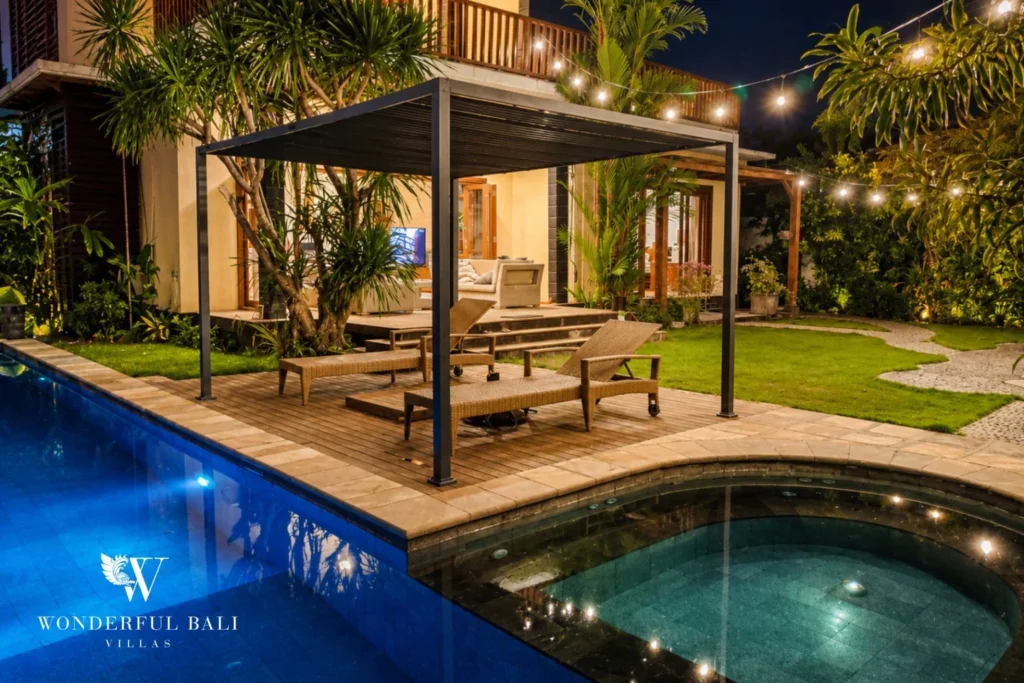 monthly villa rental sanur — private pool evening pergola