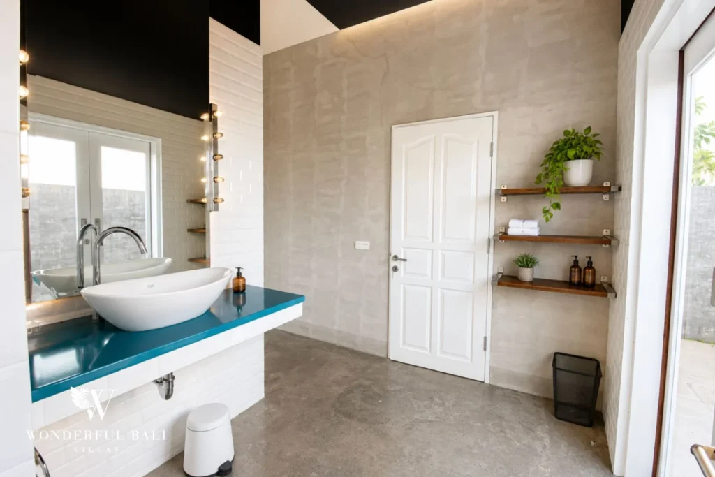 Bathroom with twin vessel basins on teal vanity and Hollywood mirror at villa in Umalas, Bali