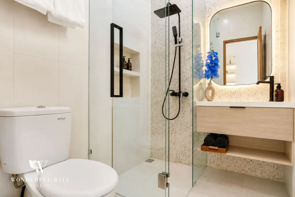Bathroom with walk-in shower, vanity and mirror at villa in Denpasar, Bali