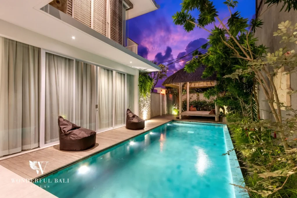 Private pool with sun loungers on the terrace at villa in Petitenget, Bali