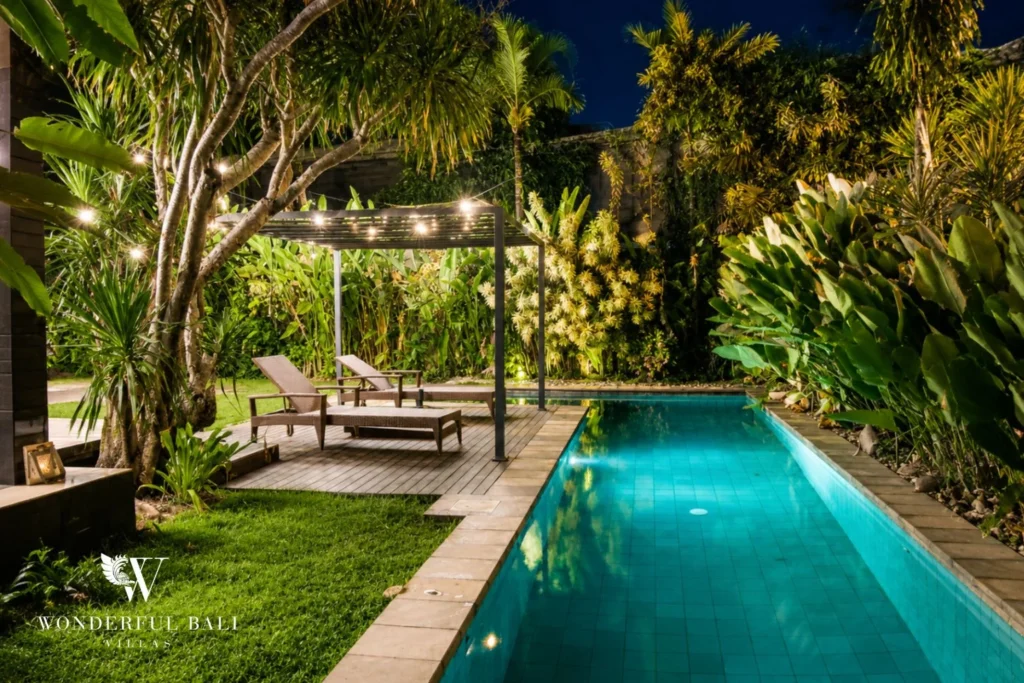 monthly villa rental sanur — private pool night garden