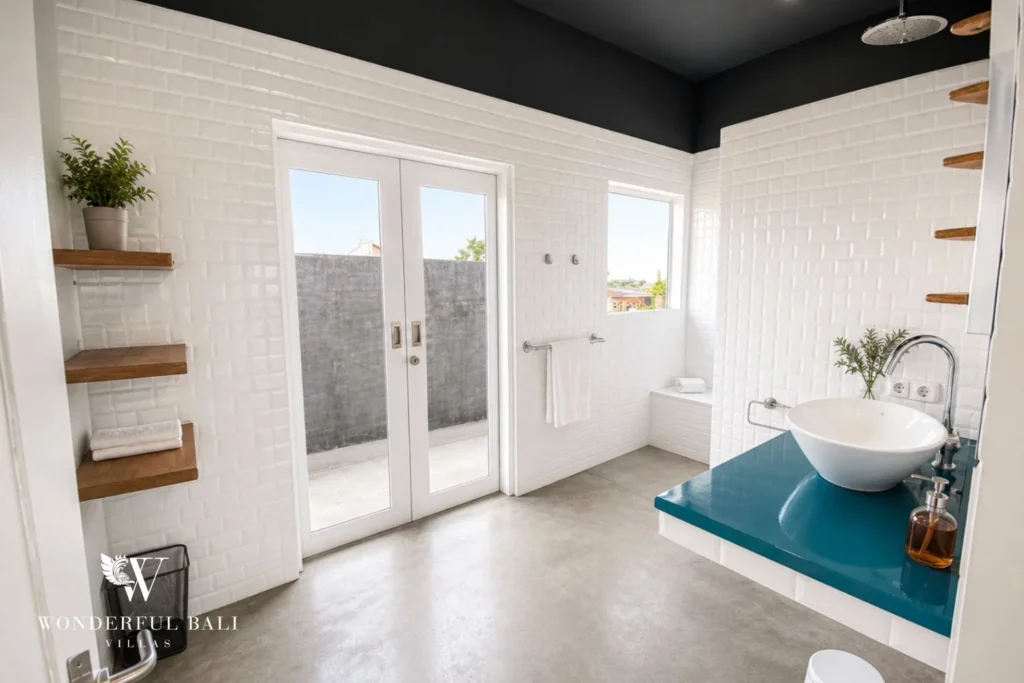 Bathroom with French doors to rooftop terrace at villa in Umalas, Bali