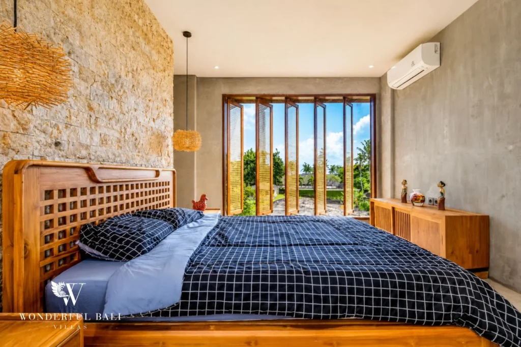 Bedroom interior detail at a 4-bedroom ocean-view villa in Seseh, Bali