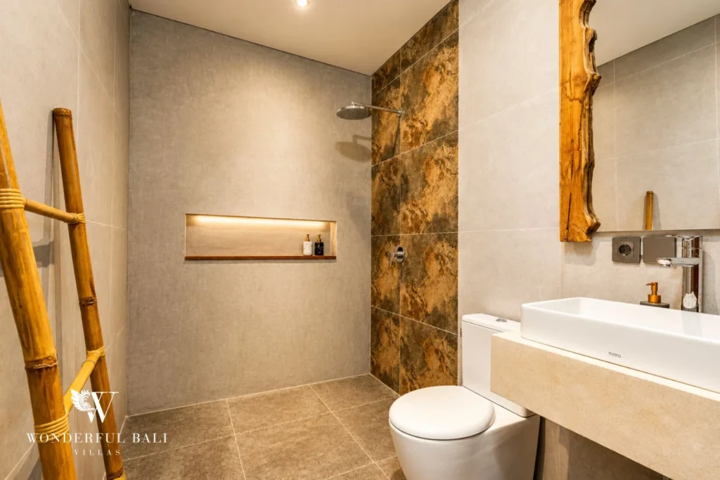 En-suite bathroom vanity at a 4-bedroom ocean-view villa in Seseh, Bali