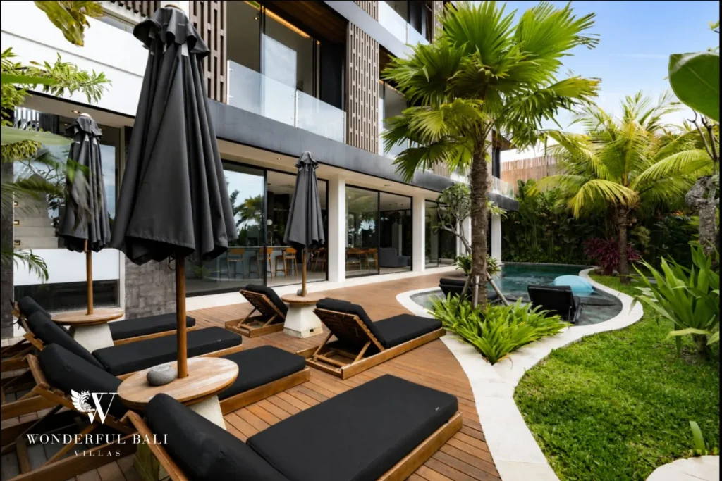 5BR villa for long-term rent Cemagi — villa exterior with garden lounge