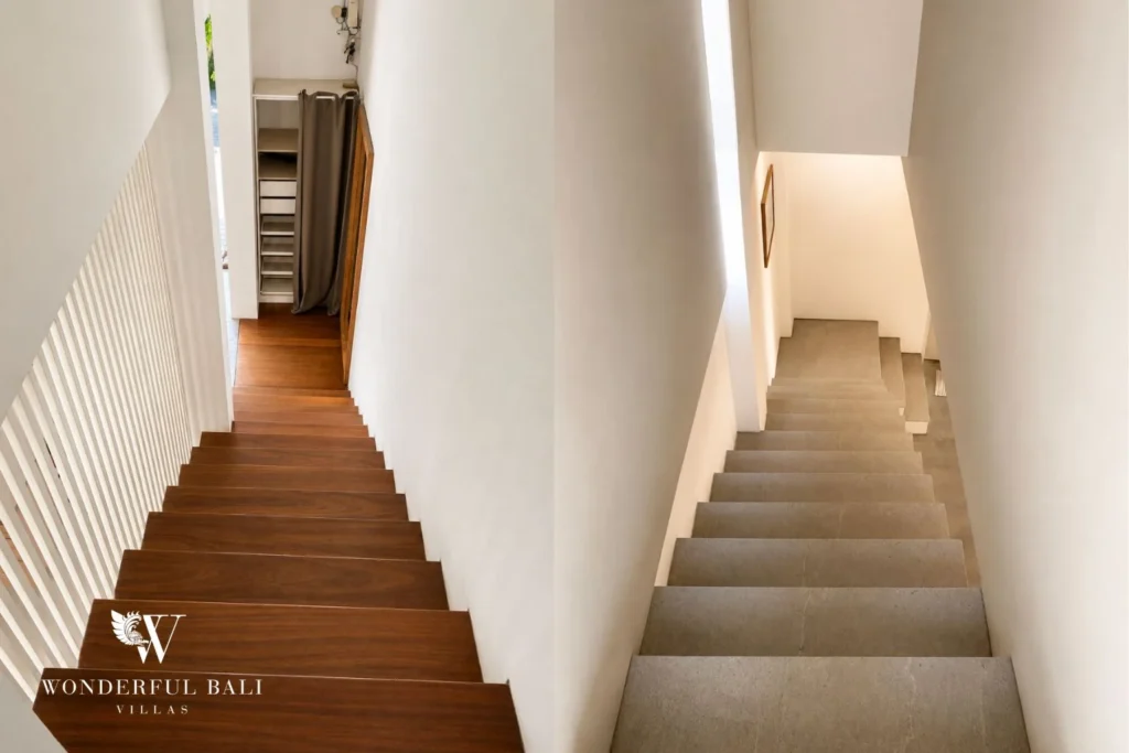 Internal staircase with timber and concrete treads at villa in Umalas, Bali