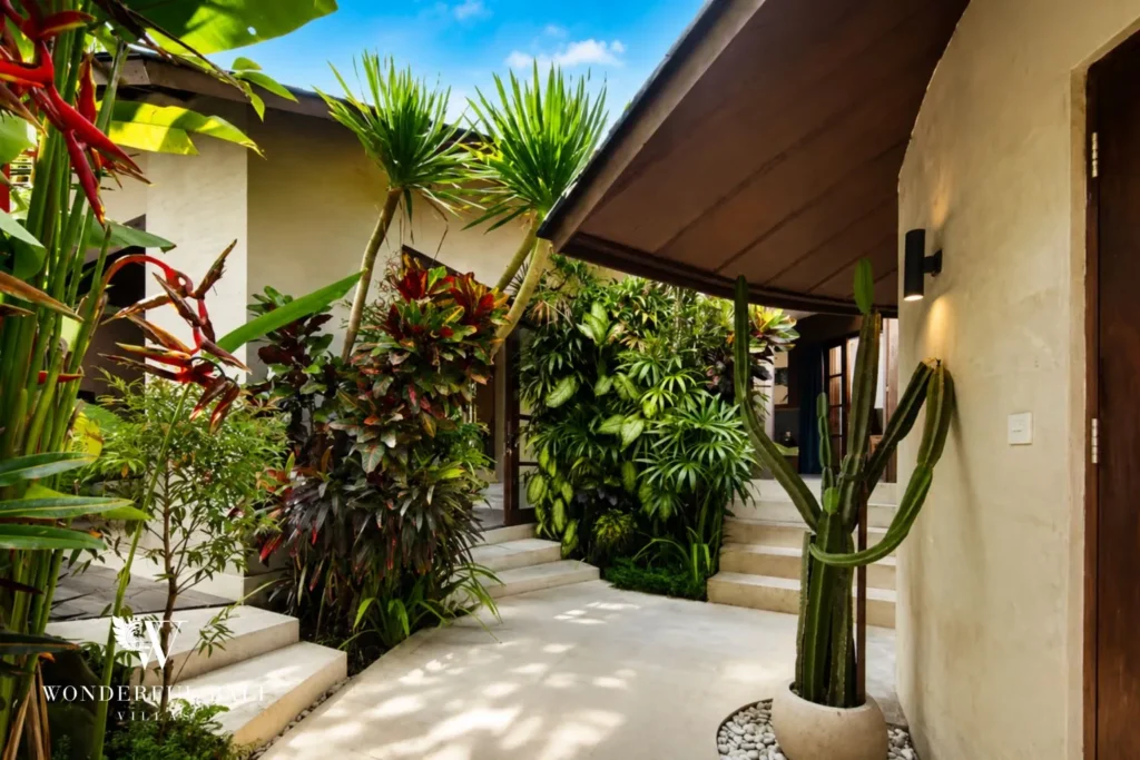 Garden pathway with stepping stones and tropical planting at villa in Umalas, Bali