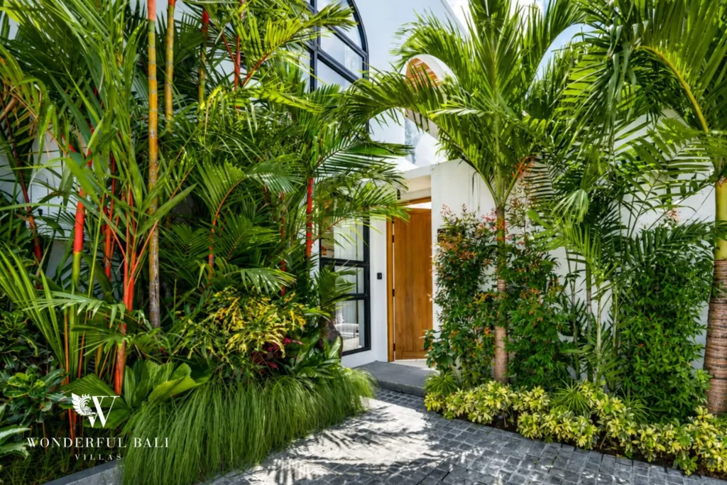 Lush garden pathway with palms at villa in Umalas, Bali