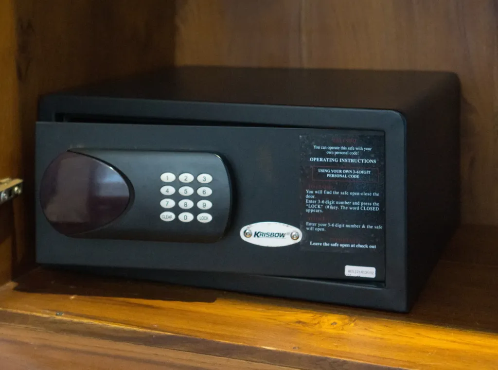 In-room safe detail at villa in Batu Belig, Bali