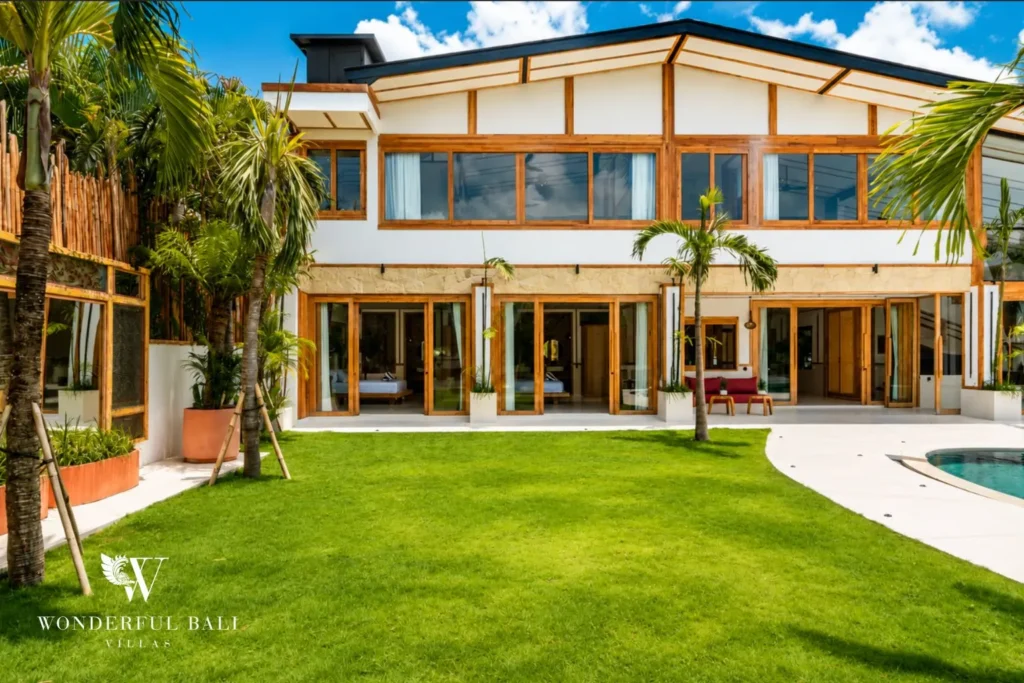 Full villa facade with lawn at family villa in Umalas, Bali