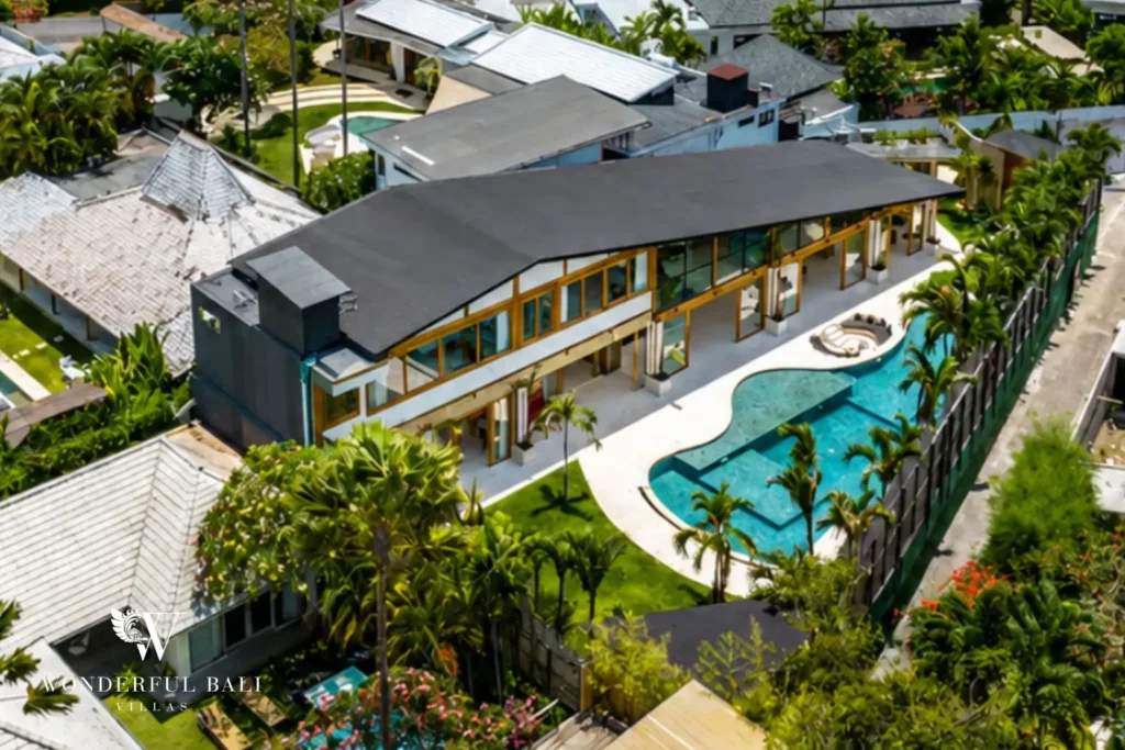 Aerial view of the villa and pool at family villa in Umalas, Bali