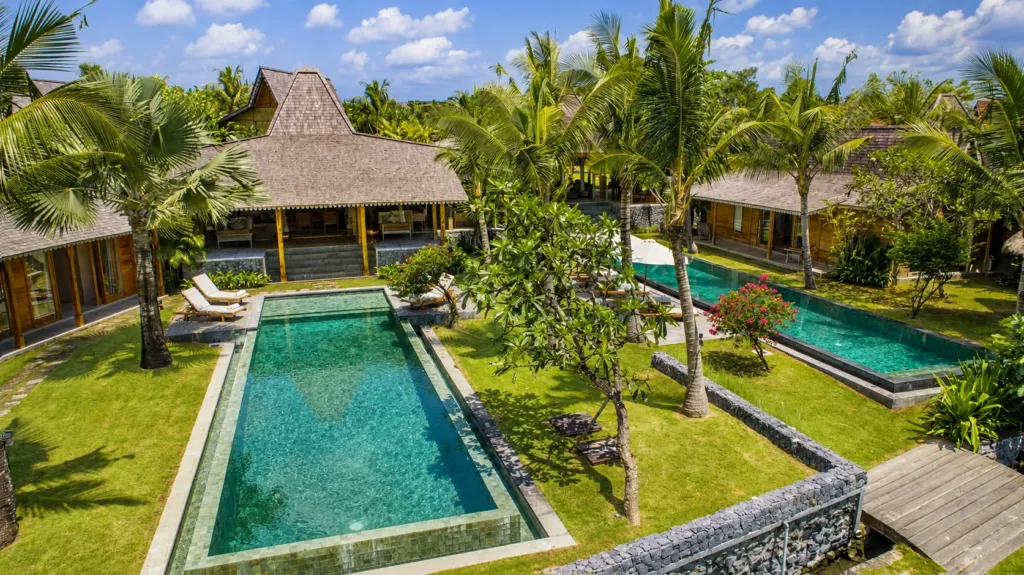 Villa Mannao in Kerobokan, Bali — aerial view of the pool and pavilions.
