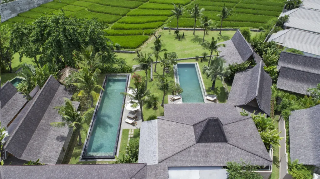 Aerial drone view of Mannao Estate, a 12-bedroom private estate in Kerobokan, Bali
