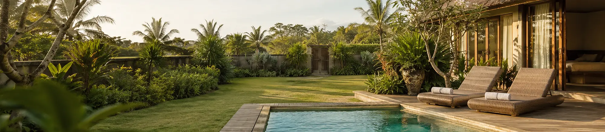 Serene Balinese villa garden at sunrise with a private pool, timber sun deck and rattan loungers