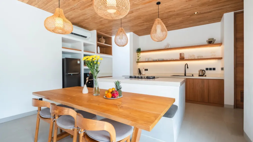 Loona Palm Villa 1 kitchen and dining area in Canggu, Bali