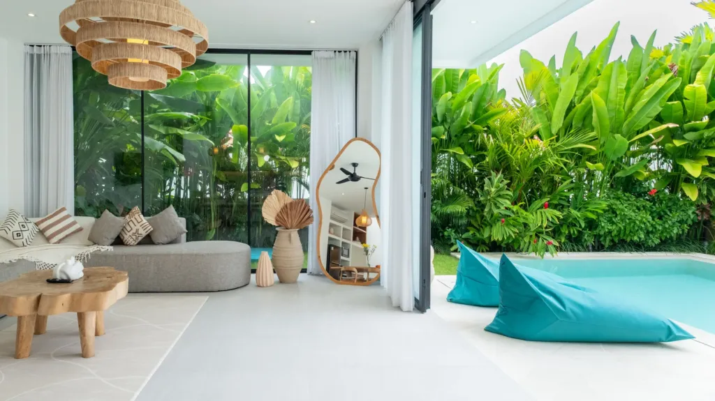 Villa Loona Palm 2, Canggu — living room, loona Palm Villa 2 living room with open glass doors to the pool