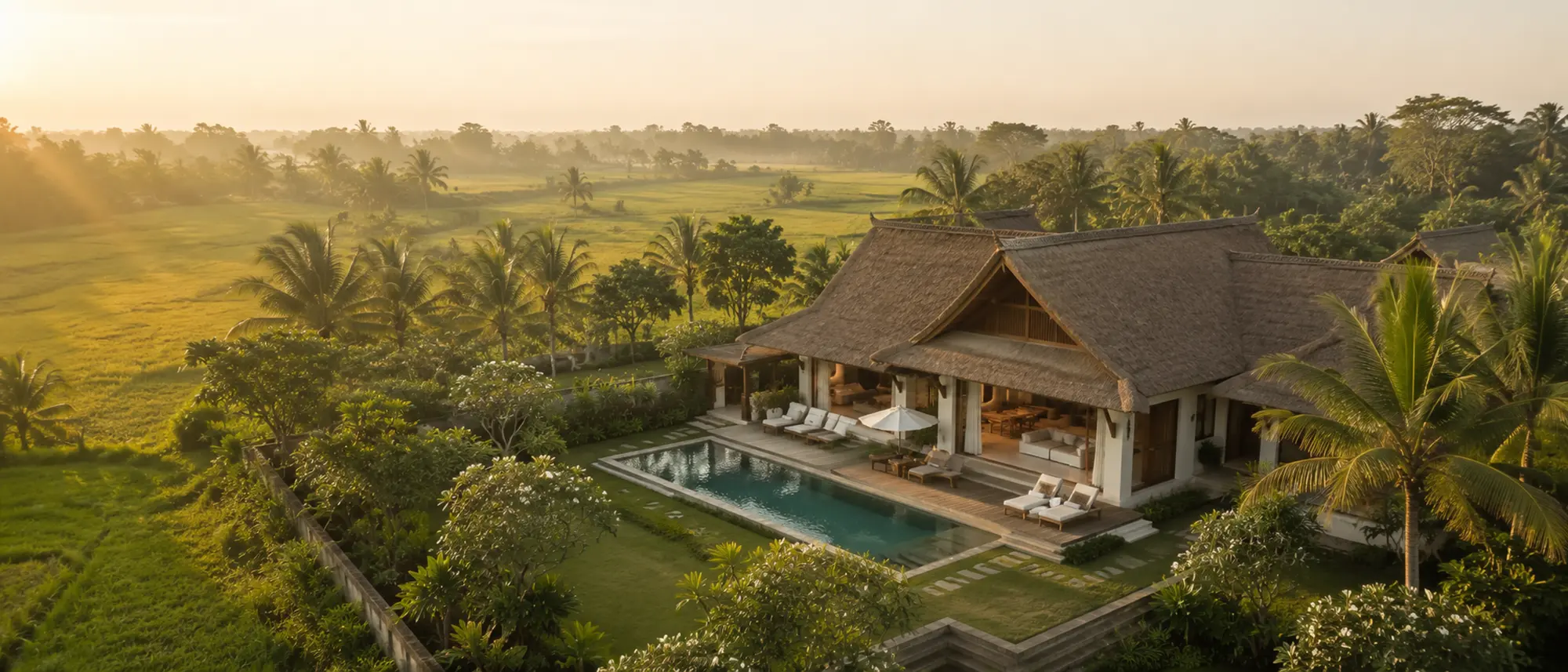 Aerial view of a luxury Bali villa with a private pool and tropical garden