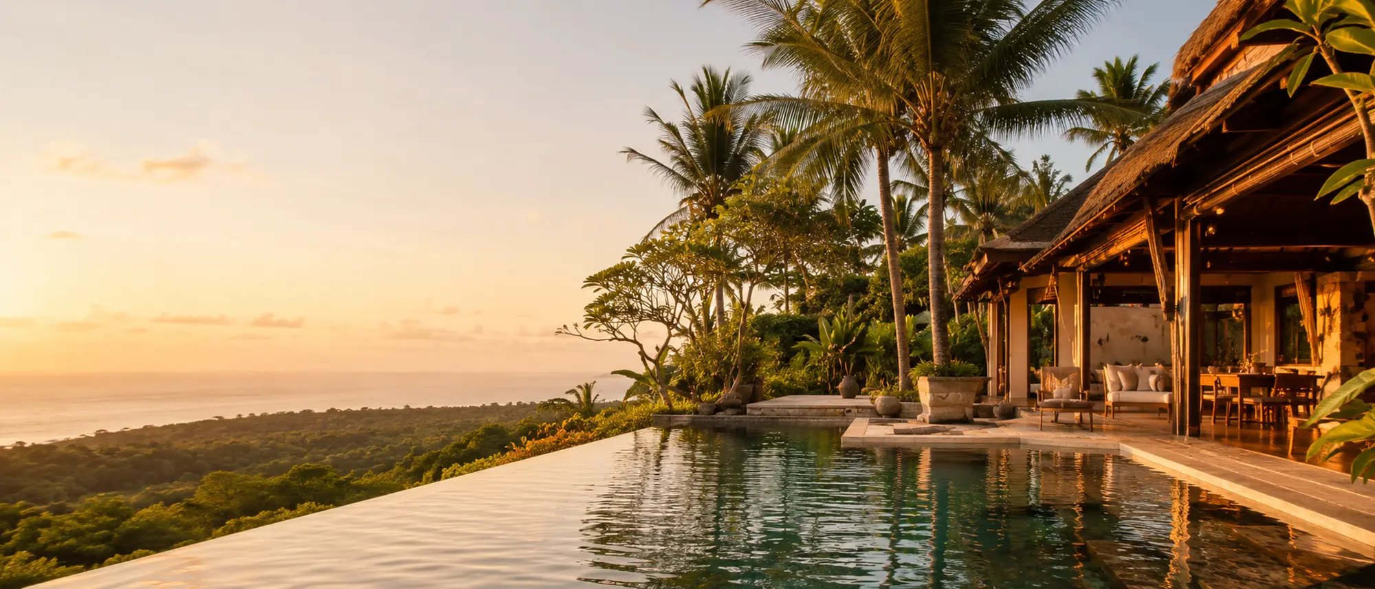 Infinity pool at a Bali villa overlooking the ocean at golden hour