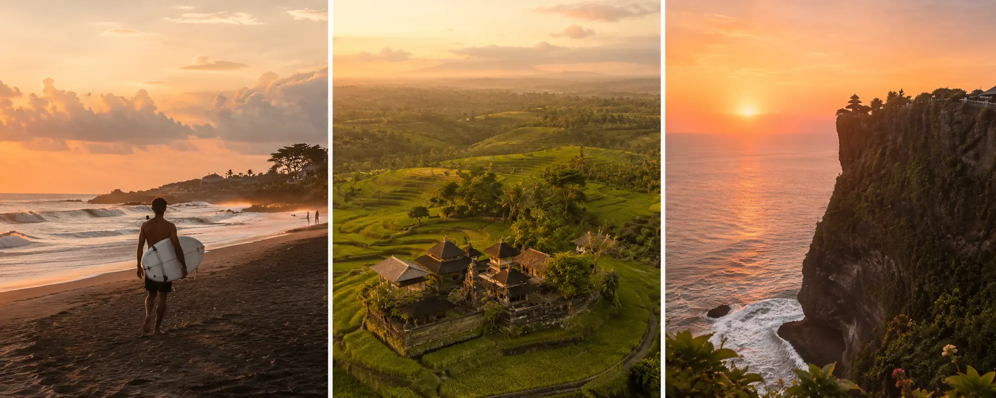Bali holiday scenes — surf beach, rice terraces and a clifftop ocean view
