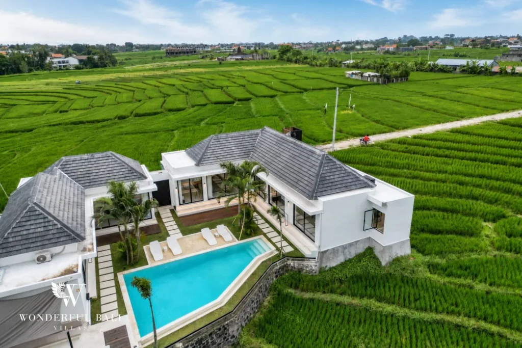 Aerial view of the contemporary villa with its private pool and grey-tiled roofs surrounded by lush green rice fields at a 5-bedroom villa in Pererenan, Bali